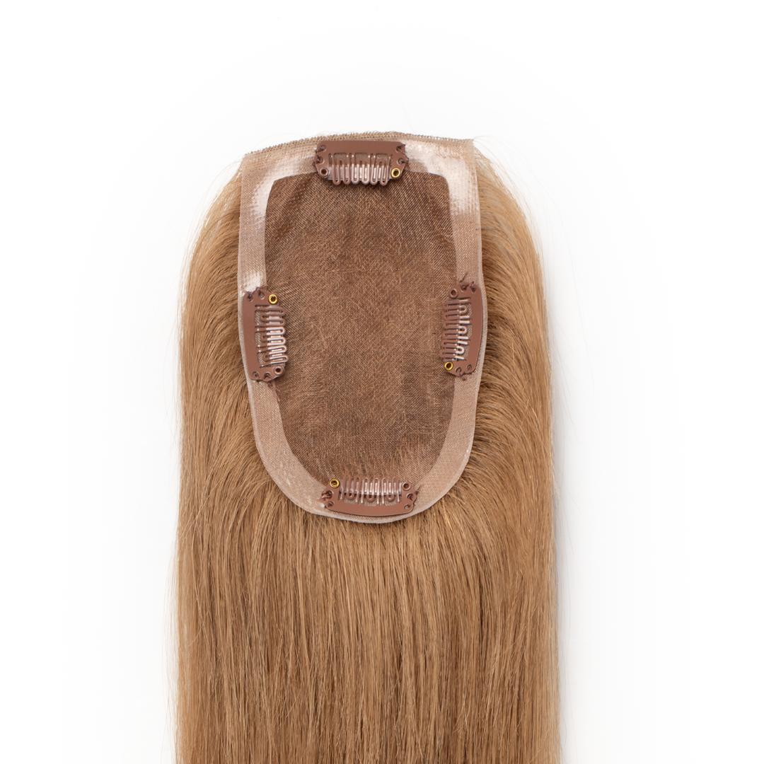 Bottom of EASY 5x3” Hair Topper with 4 clips to secure hair piece on the crown or part of the head.