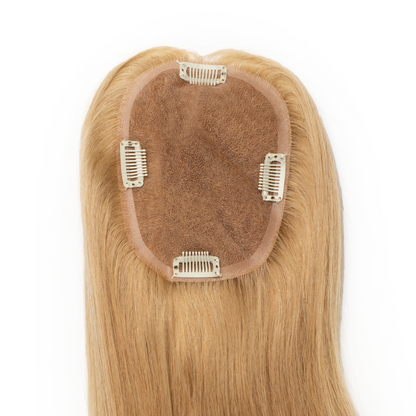 Bottom of Amped 6x5" Hair Topper with 4 clips to secure hair piece on the crown of the head.