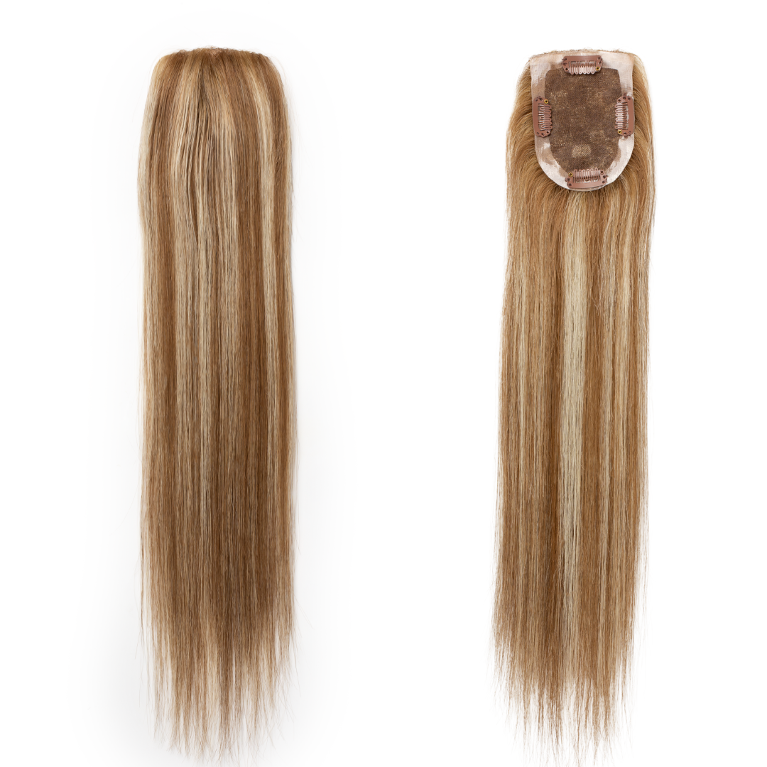 A Side by Side view of the BOOST 4x3" Topper showing the placement and coverage offered by the hair piece