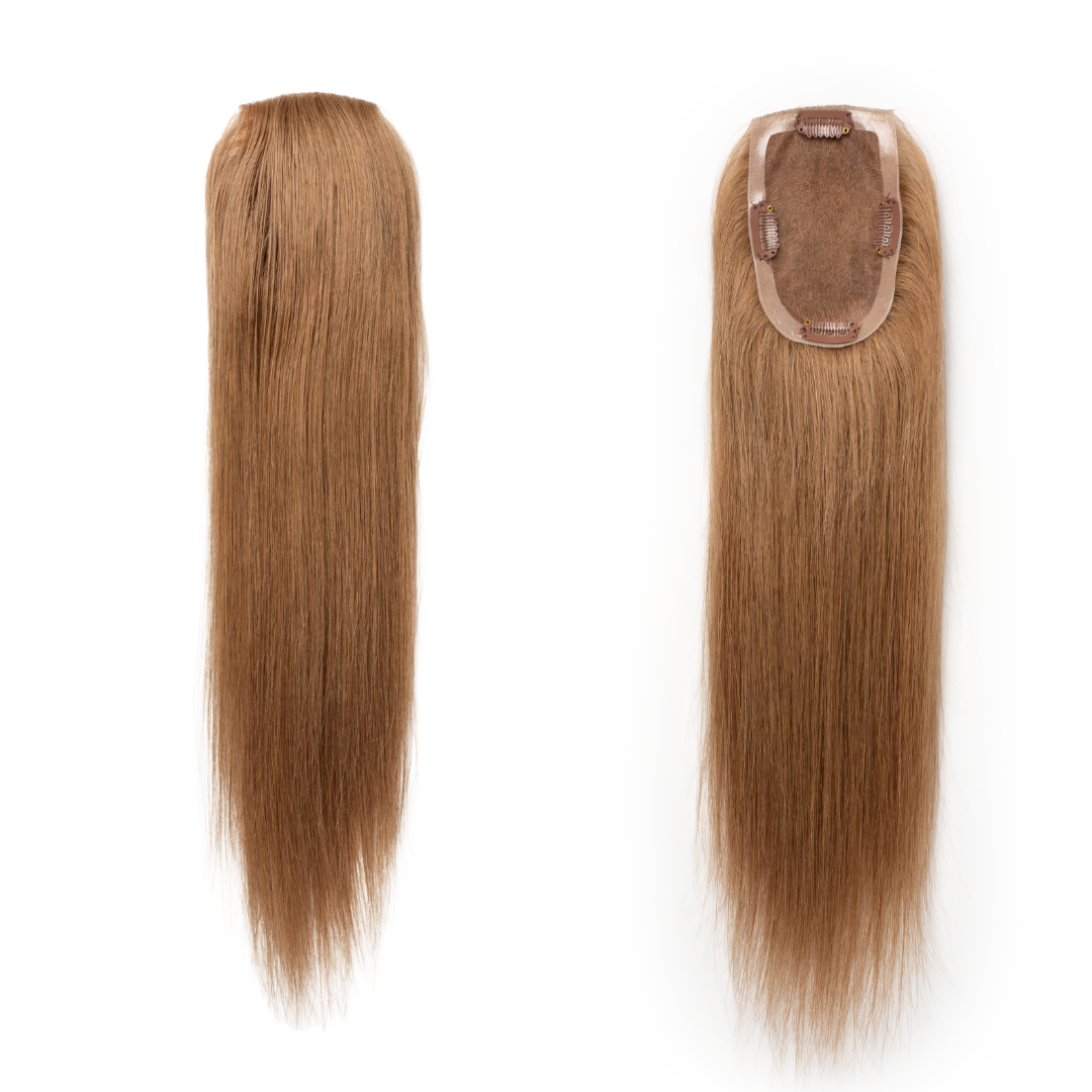 A Side by Side view of the Easy 5x3" Topper showing the placement and coverage offered by the hair piece