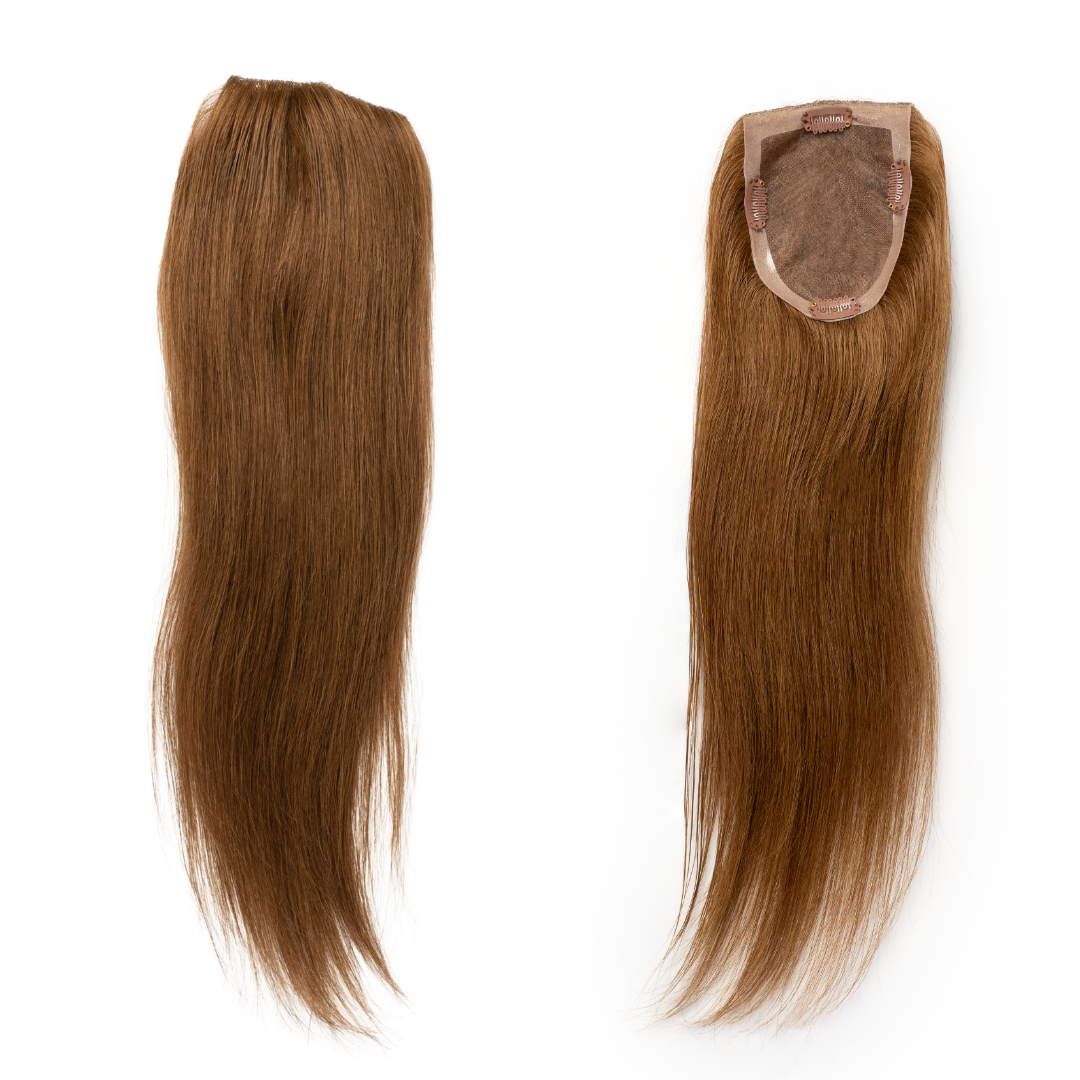 A Side by Side view of the Poppin' 5x4" Topper showing the placement and coverage offered by the hair piece