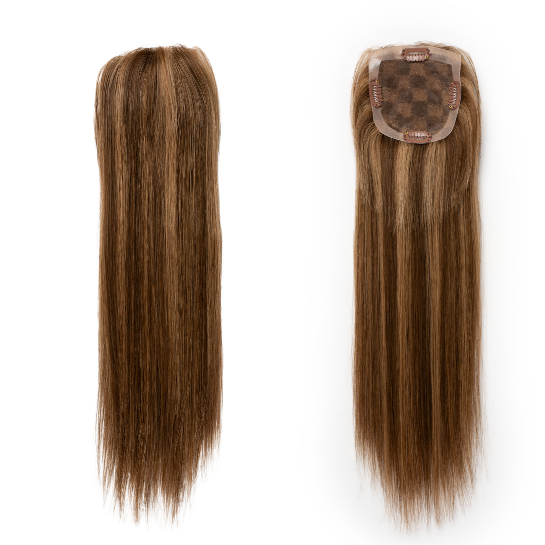 A Side by Side view of the Sassy 4x4" Topper showing the placement and coverage offered by the hair piece