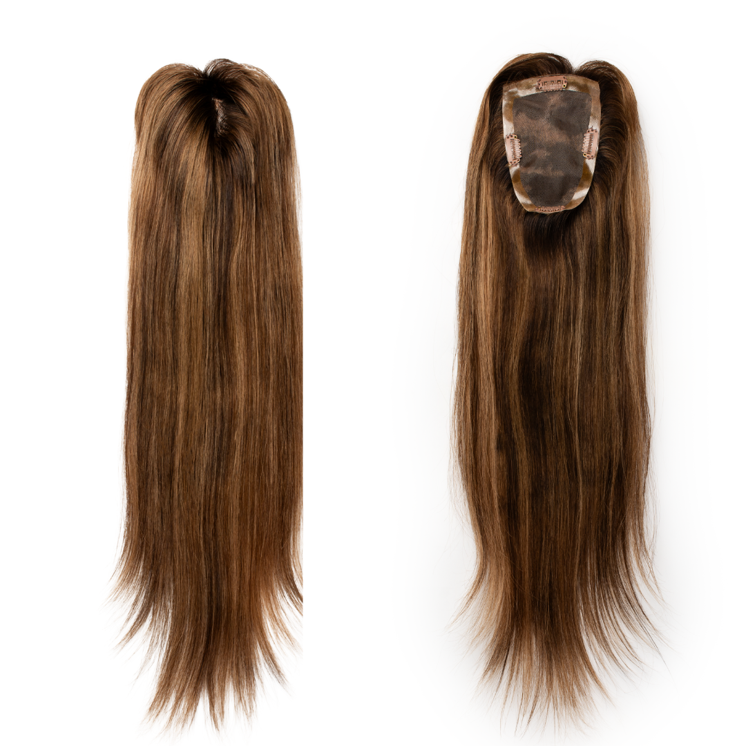 A Side by Side view of the SLIVER 6x4”Topper showing the placement and coverage offered by the hair piece