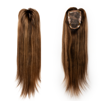 A Side by Side view of the SLIVER 6x4”Topper showing the placement and coverage offered by the hair piece